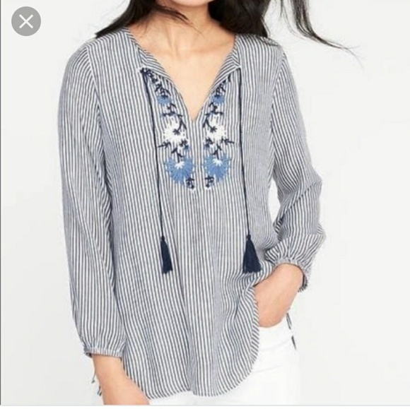 Old Navy Tops - Old Navy Blue Striped Embroidered Floral Tassle
